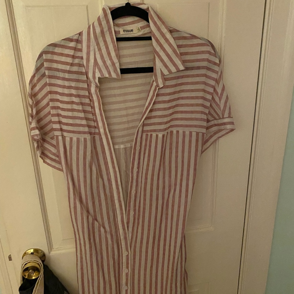 Red and white button up linen midi dress with tie